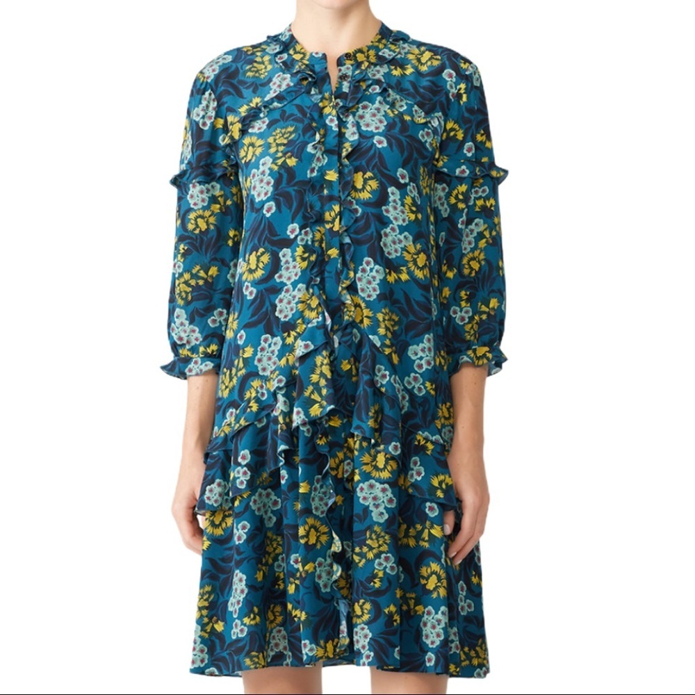 Saloni Teal Tilly Ruffle Mini Dress Long Sleeve
